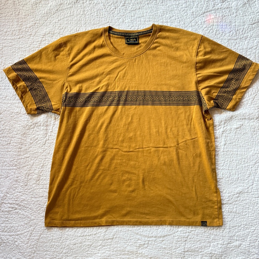 Casa Moda Couture Mustard Yellow Greek Geometric Stripe Pattern T-Shirt Mens 2XL