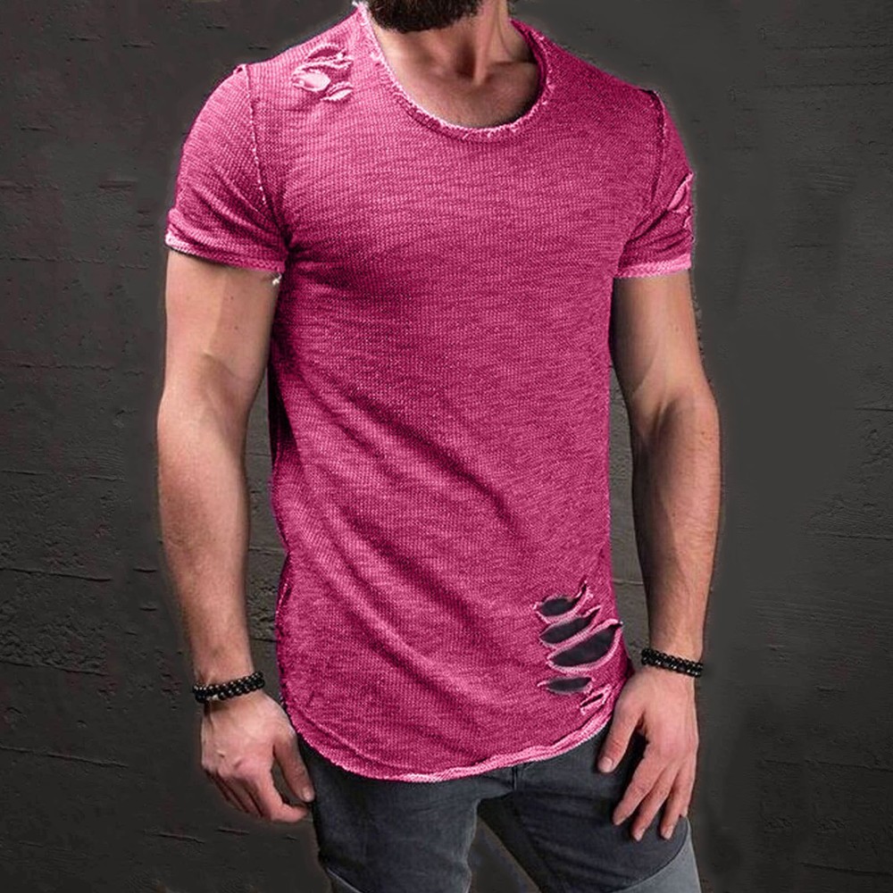 Men’s Slim Fit O Neck Short Sleeve Muscle Tops Tee T-shirt Ripped Casual Blouse