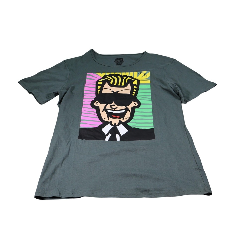 J Pierce By VOIZ Shirt Mens Medium Green Cartoon Face Graphic Art Tee Crewneck