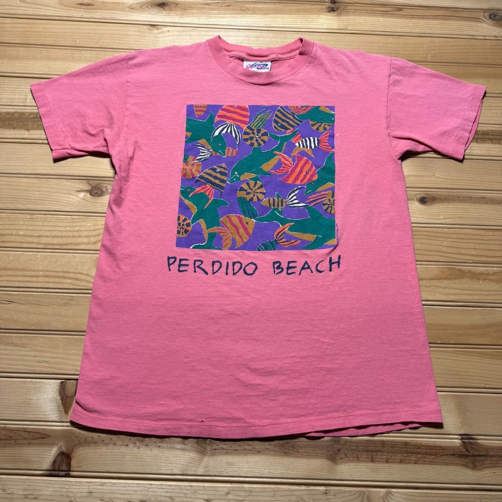 Vintage 1992 Perdido Beach Tropical Fish Dolphin Ocean Art Graphic T-Shirt Large