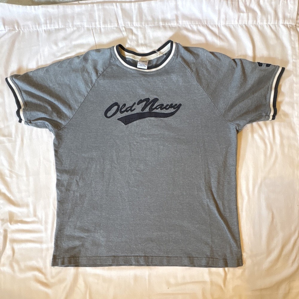 Vintage Old Navy 33 T-Shirt Size L Grey Stripped Navy Blue and White Sleeves