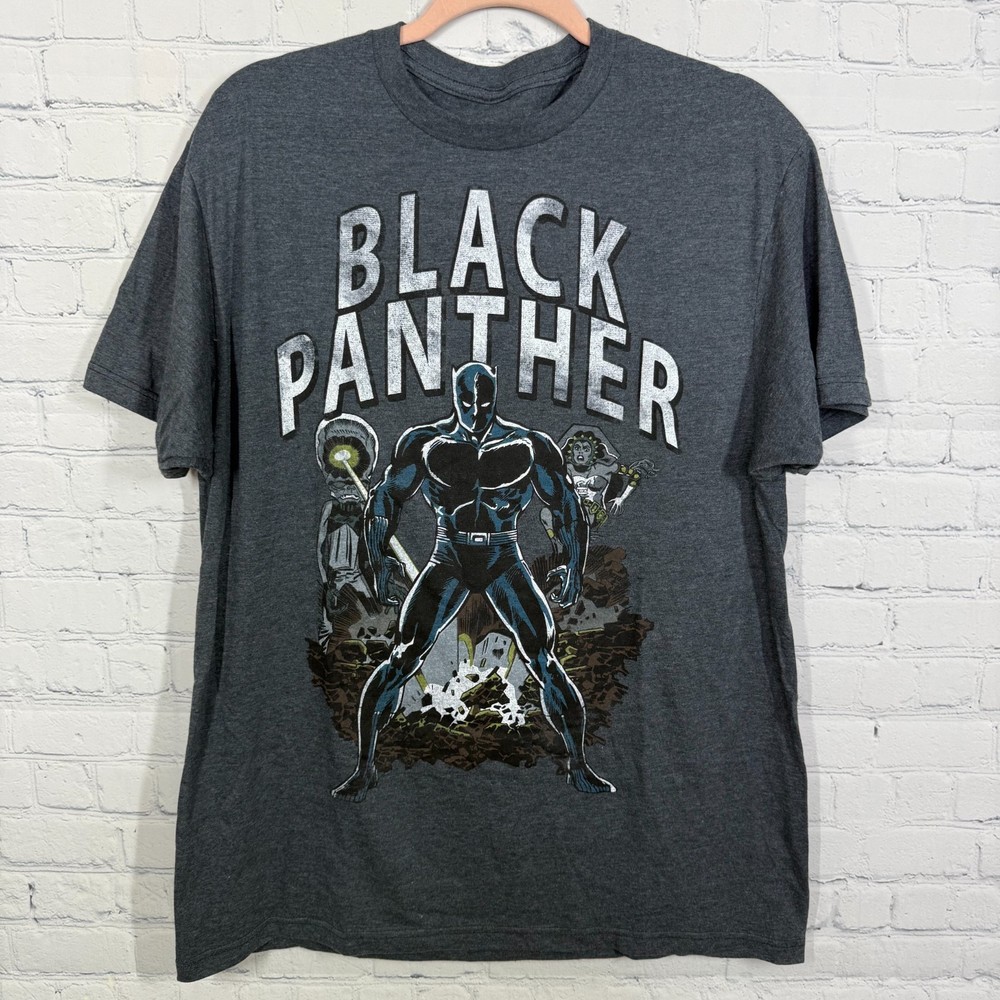 Marvel Black Panther Shirt Men Large Dark Gray Distressed Retro Comic Book logo