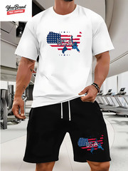 Fashion American Flag Graphic Print T-Shirt Shorts 2-Piece Set Casual Men’S USA