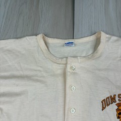Vintage Champion Dom Savio Athletics Mens Ivory Red Henley Neck T-Shirt Size XL