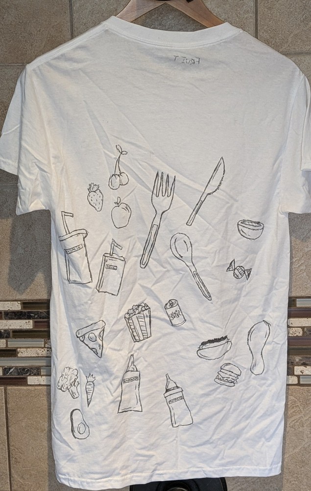 New Men T-Shirt White Fruit of the Loom food drawings on back men S women M to L