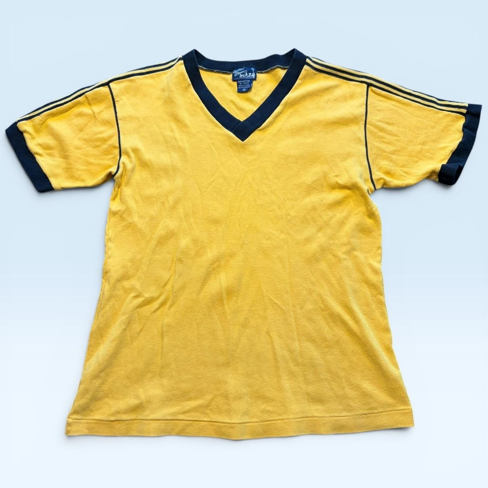 Sutton Place Shirt Mens Small Yellow Ringer Retro V Neck Stripe Trim Tee 70s