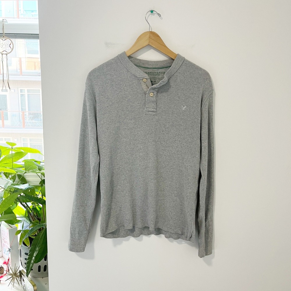 American Eagle Men’s Gray Ribbed Long Sleeve Top Size Medium