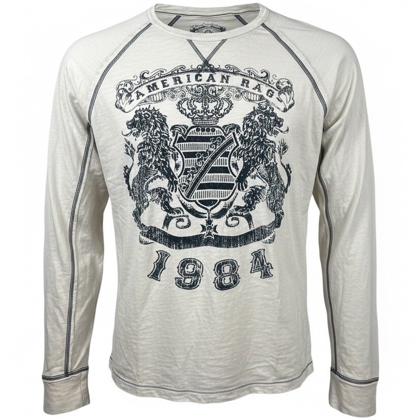 American Rag Mens XL Off White T-Shirt Lion Crest 1984 Y2k distressed SPOTS
