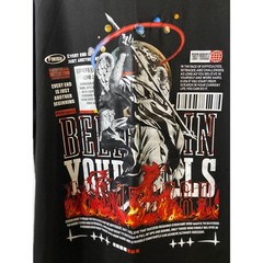 Mens Believe In Yourself Graphic T-Shirt Black Angel Flames Streetwear Size L