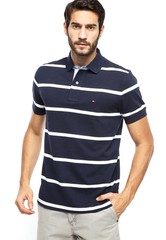 Tommy Hilfiger Men’s Striped Pique Polo Shirt Navy Blue White Short Sleeve Size