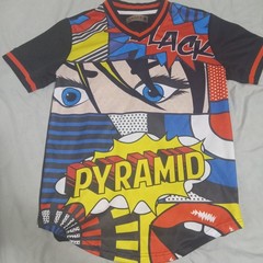 Black Pyramid Size M Short Sleeve Shirt Bold Colorful Graphic Comic Long Length