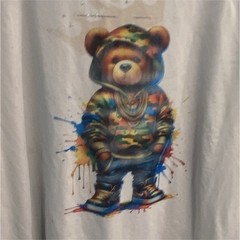 Men White Bear Graphic Print T-Shirt Crew Neck Short Sleeve Regular Size L