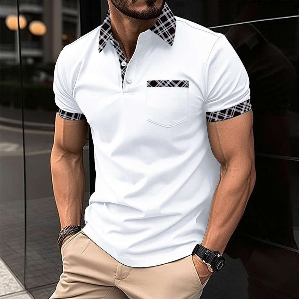 Mens Check Plaid Turn Down Collar T Shirts Tops Golf Pocket Casual Shirts Blouse