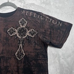 Vintage Affliction T-Shirt Mens XL Brown Felt Wings Cross Los Angeles Grunge Y2K