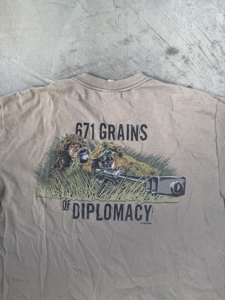 Vintage Brown Iraq Sniper T-Shirt Size Large 7.62 Design Guns