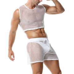 Men 2 Piece Set Fishnet Crop Tops Mesh See-Through Vests Undershirts With Shorts