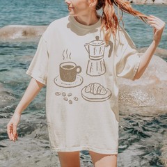 Coffee and Croissant Graphic Tee Hand-Drawn Sketch Art