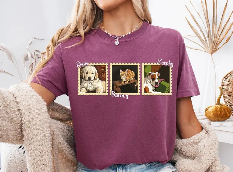 Custom Pet Portrait Stamp Comfort Tee Personalized Dog Cat Photo