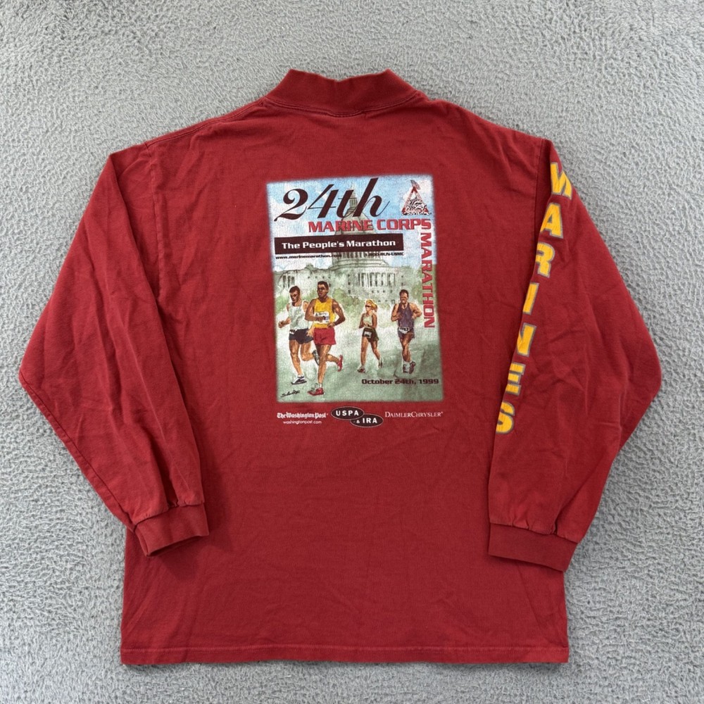 Vintage Marine Corps Marathon Shirt Mens Large Red Long Sleeve 90s Military USA
