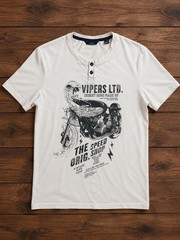 Tom Tailor Motorcycle Graphic Henley T Shirt Men Medium Cream Biker Style