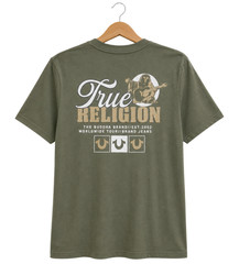 True Religion Mens T Shirt Medium Olive Green Raised Graphic Buddha Logo Tee NWT