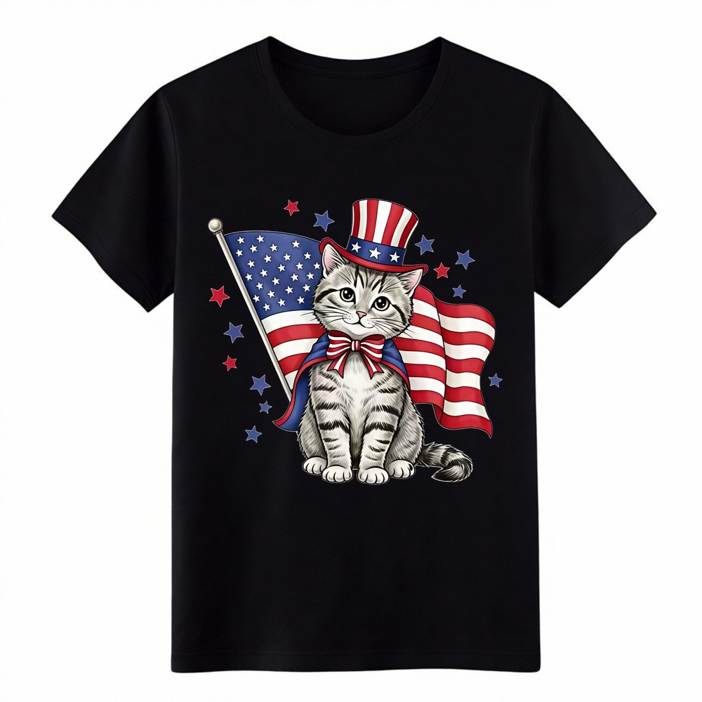 4th Of July Patriotic Tabby Cat Uncle Sam Hat Flag Unisex Summer Graphic T Shirt