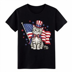 4th Of July Patriotic Tabby Cat Uncle Sam Hat Flag Unisex Summer Graphic T Shirt