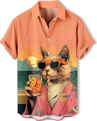 Cool Cat Hawaiian Shirt Men Orange Sunglasses Kitten Beach Button Up Summer Tee