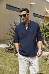 COOFANDY Men’s Cotton Linen Henley T-Shirt Long Sleeve Hippie Casual Beach Blue