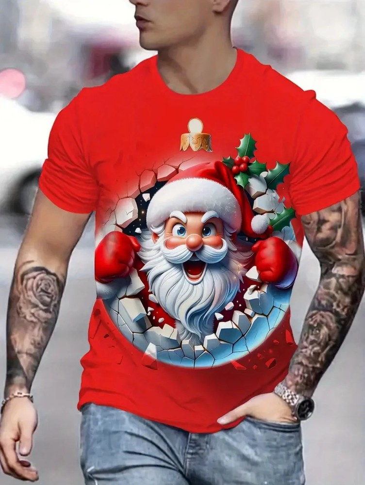 Funny Men 3D Santa Claus T-Shirt Christmas Graphic Short Sleeve Tee S-5XL