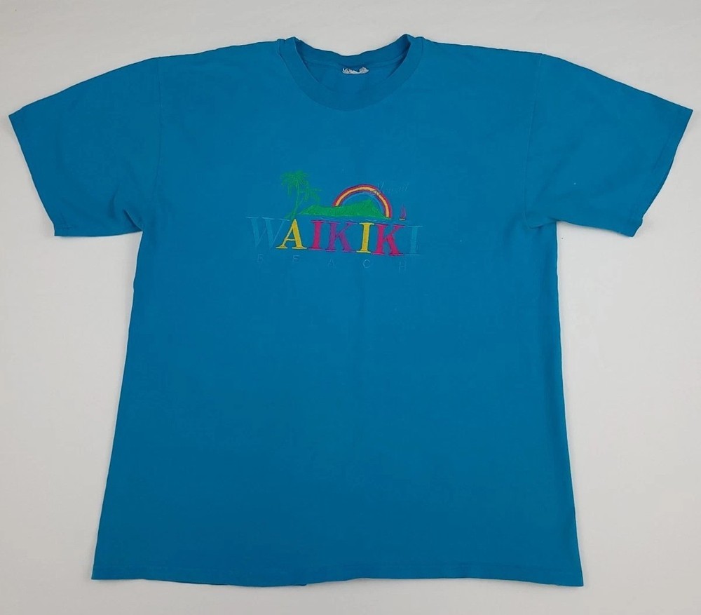 Vintage 90s Waikiki Beach Hawaii Rainbow Embroidered T Shirt Vtg Multicolor Used