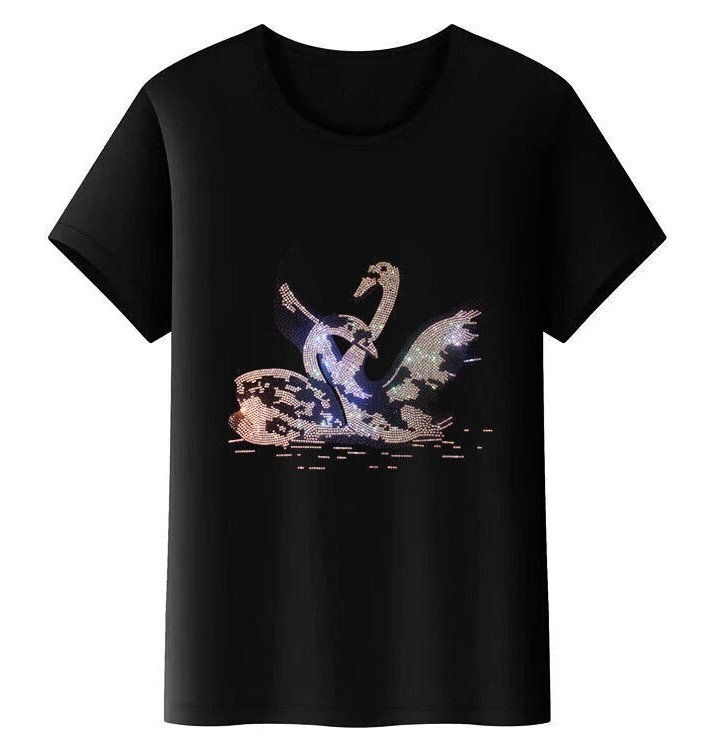 New Men Luxury Diamond Swan Rhinestones Fashion Black T-Shirt High Quality