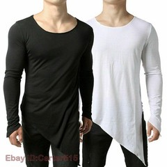Mens Asymmetric Slit Hem Summer T-shirt Top Tee Long Sleeve Pullover Shirt Hot
