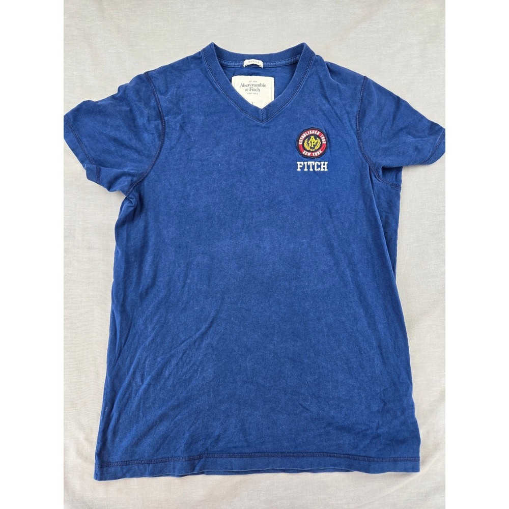 Abercrombie & Fitch Mens Muscle Fit V-Neck T-Shirt Navy Blue Crest Logo Large