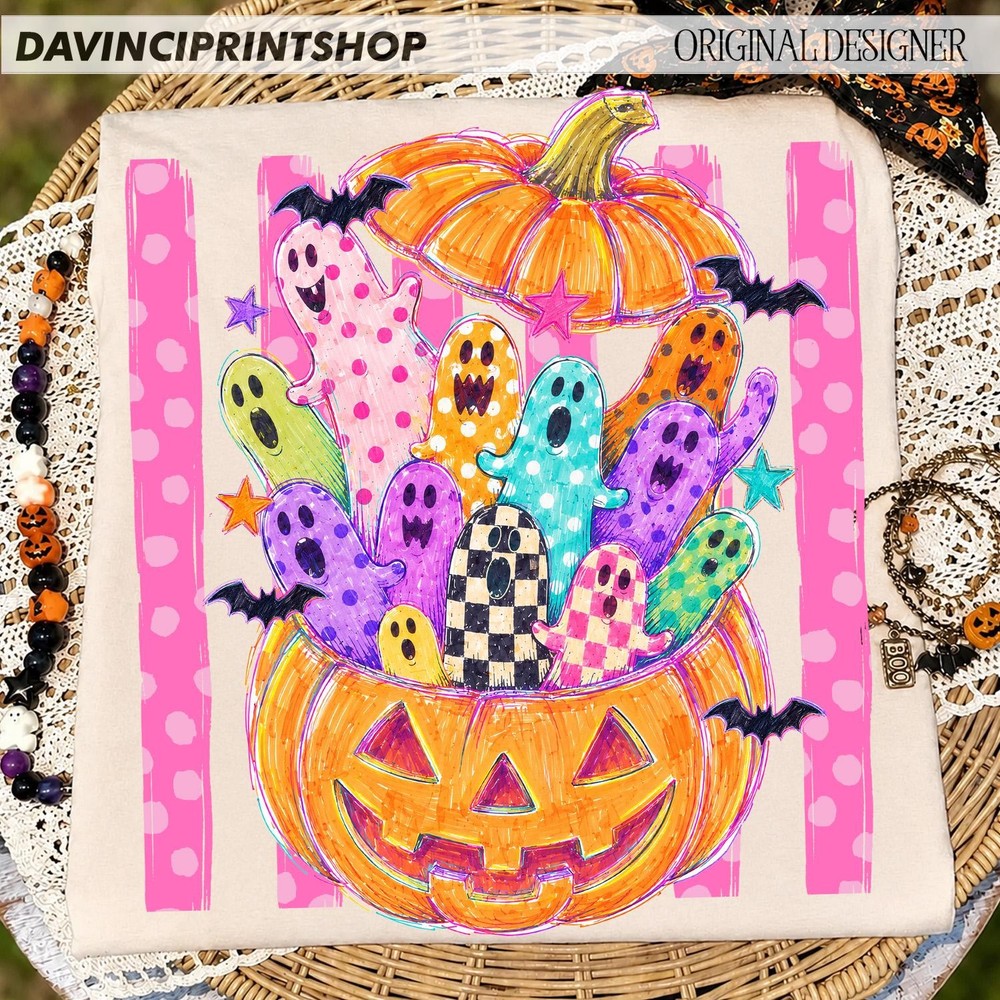 Preppy Stay Spooky Tshirt Colorful Ghost Pumpkin Coquette Halloween Shirt
