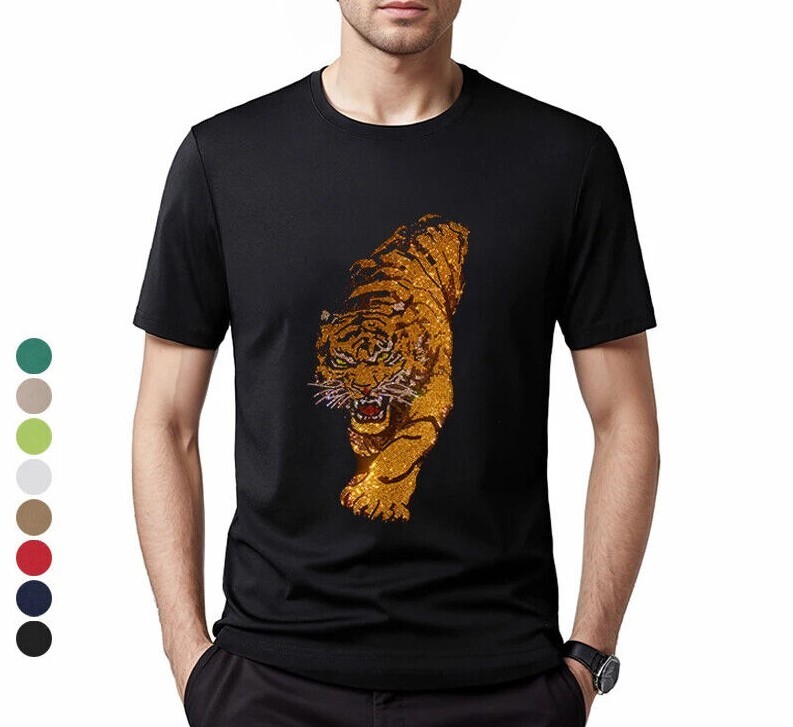 Fashion Trend Tiger Hot Diamonds Rhinestones Black Summer Luxury Men T-Shirt