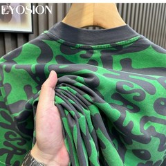 Men’s Green Graphic T-Shirt Vintage Abstract Print Cotton Casual O-Neck Tee