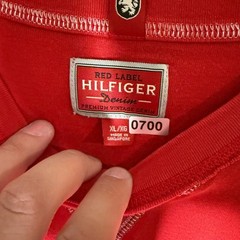 Mens Tommy Hilfiger Red Denim Logo T Shirt XL/XG Vintage Retro Casual Streetwear