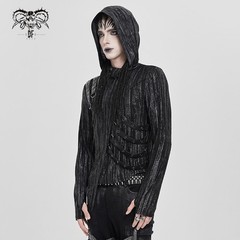 Devil Fashion Men Black And Gray Striped Gothic Asymmetric Hooded T-Shirt Tops
