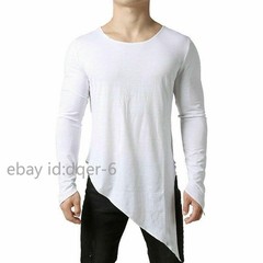 Mens Asymmetric Slit Hem Summer T-shirt Top Tee Long Sleeve Pullover Shirt Hot
