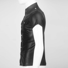 Men Black Faux Leather Short Sleeve Collared Shirt Wet Look Top Blouse