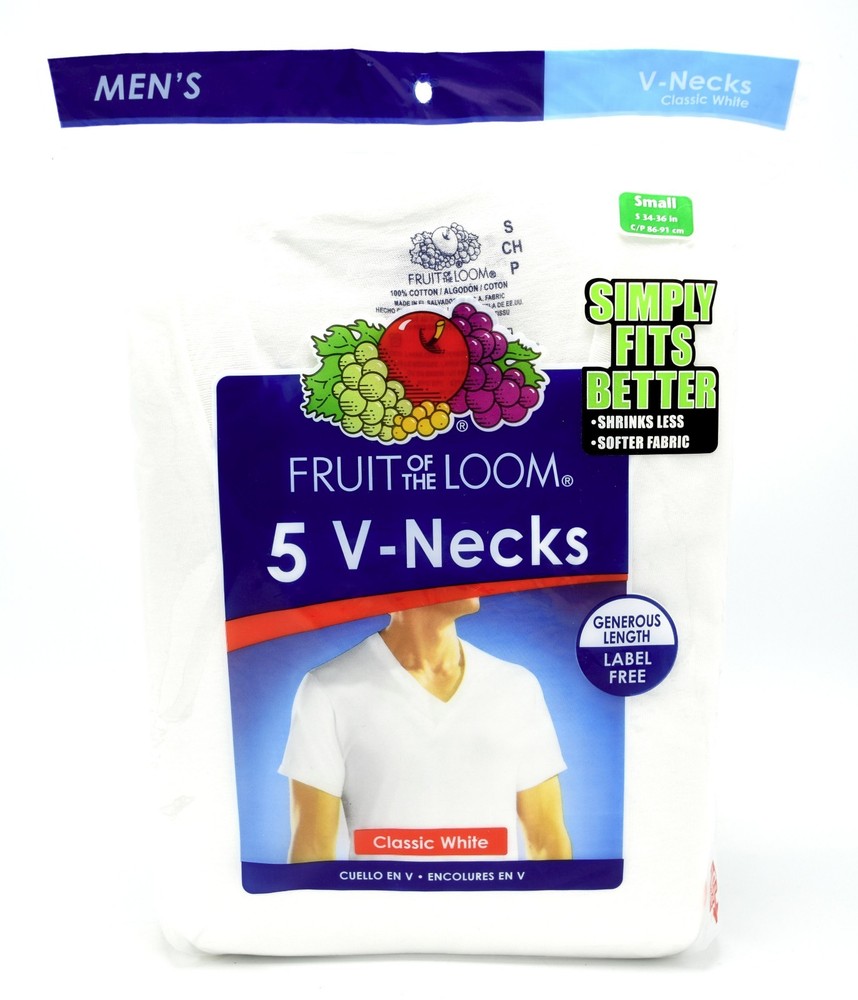 5 White Small S 34-36 Inch V-Neck T-Shirts Fruit Of The Loom C/P 86-91 CM