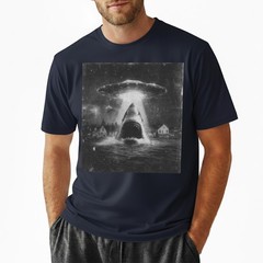 Funny Shark Abduction T-Shirt UFO Alien Vintage Art Sci-Fi Graphic Tee S-5XL