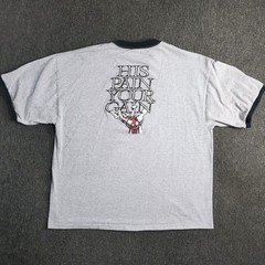 Vtg Lords Gym T Shirt Mens 2XL Gray Ringer Bodybuilding Jesus His Pain Your Gain