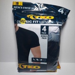 TKO Men’s Size S – Classic Fit T-Shirt 4-Pack Crew Neck T. = 2 Blk/1 Gry/ 1 Wht