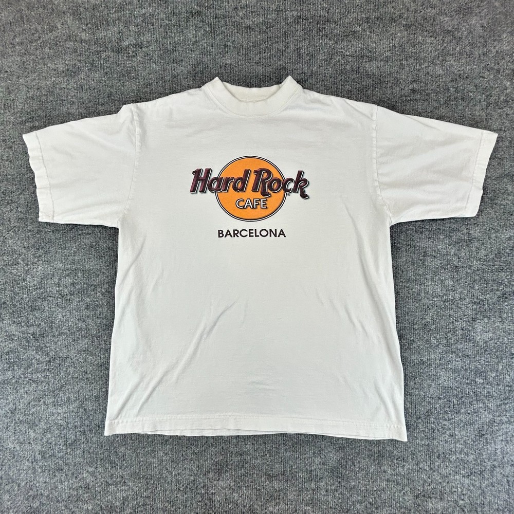 VINTAGE Hard Rock Cafe Shirt Large White Barcelona Spellout Streetwear 90s Y2K