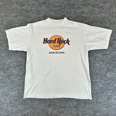 VINTAGE Hard Rock Cafe Shirt Large White Barcelona Spellout Streetwear 90s Y2K