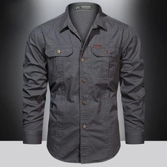 Men’s Long-Sleeve Western Shirts Cotton Button-Up Military Style