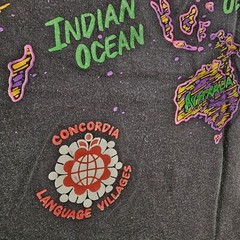 Vintage 90s World Map Camp T-Shirt Mens L Black Double Sided Neon Rave Single S