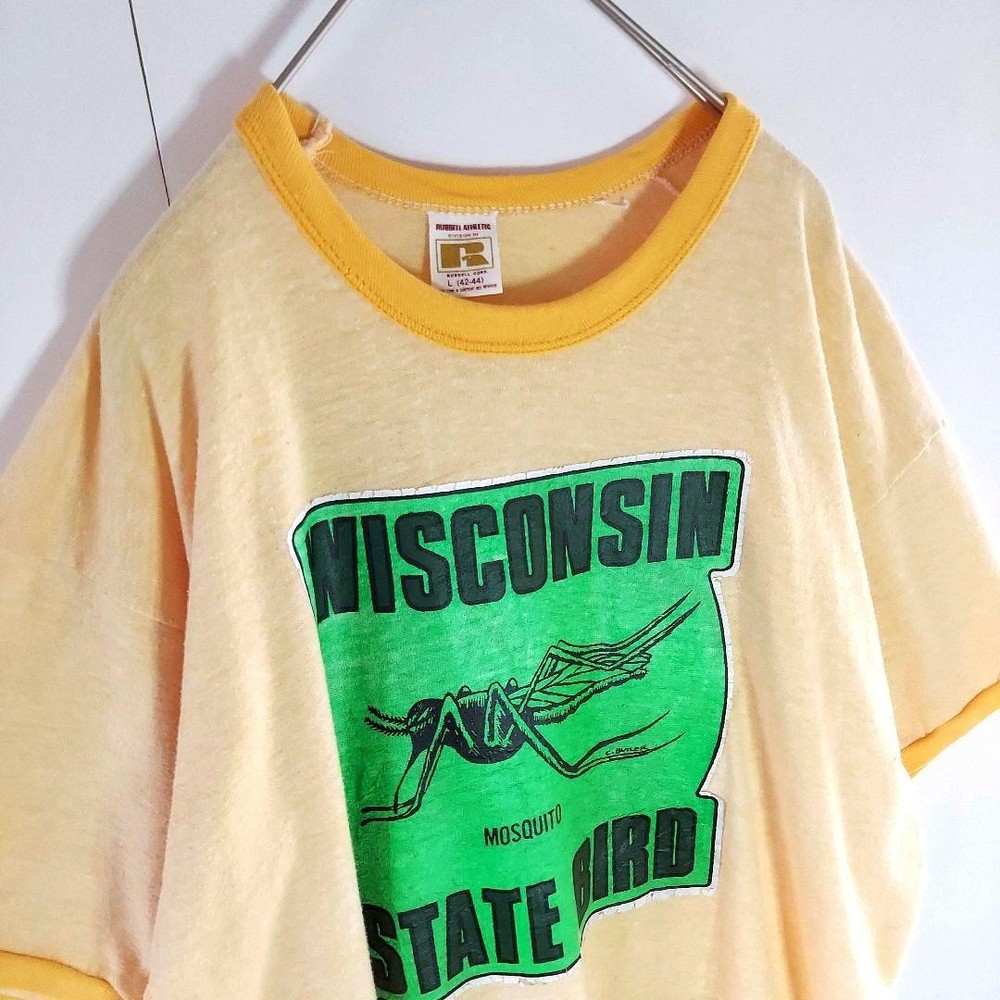 70s Russell Athletic Wisconsin Mosquito State Bird Ringer T-Shirt L Yellow
